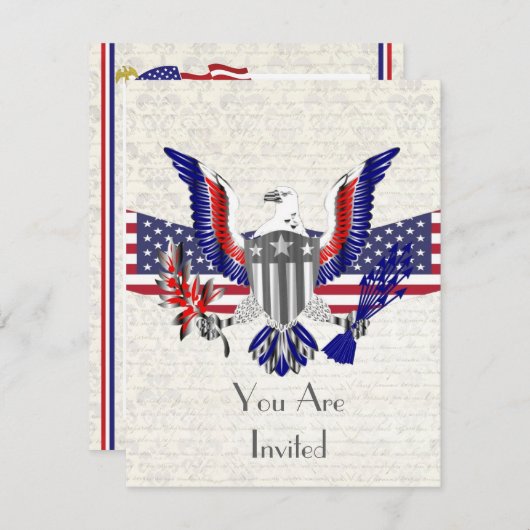 愛国的なアメリカのワシ、国旗と盾 招待状 (正面/裏面)