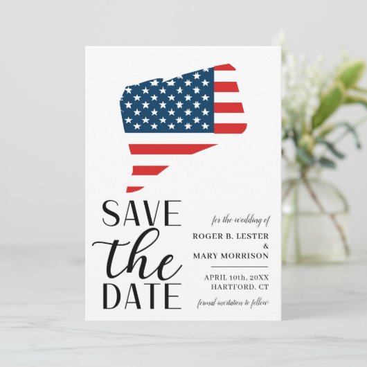 愛国的なアメリカの州コネチカット州のデスティネーションウェディング セーブザデート (スタンド正面)