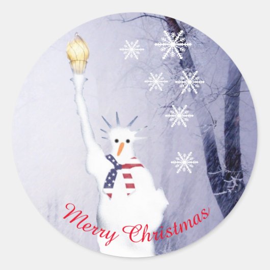 愛国的なアメリカの雪だるまクリスマス ラウンドシール (正面)