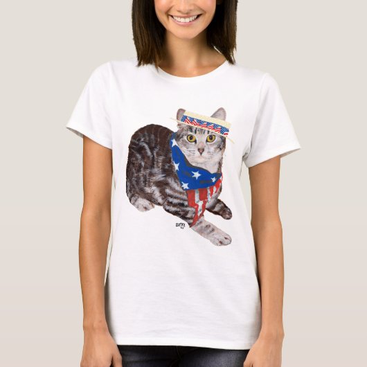 愛国的なアメリカンショートヘアのタビー猫 Tシャツ (正面)