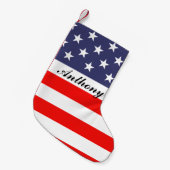 愛国的なアメリカ合衆国国旗のパーソナライズされた休日 スモールクリスマスストッキング (正面 (吊り時))