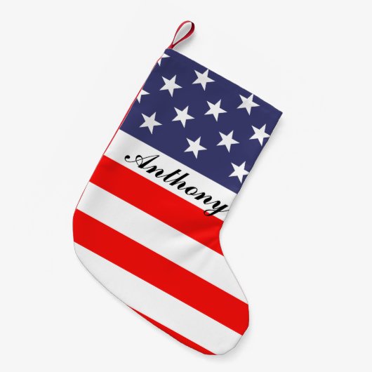 愛国的なアメリカ合衆国国旗のパーソナライズされた休日 スモールクリスマスストッキング (正面 (吊り時))