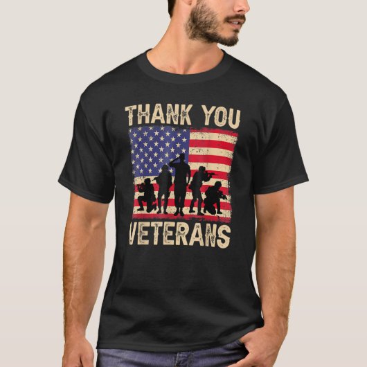 愛国的なアメリカ国旗ありがとう退役軍人 男性へ Tシャツ (正面)