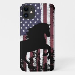 愛国的なアメリカ国旗とシルエット馬 iPhone 11 ケース