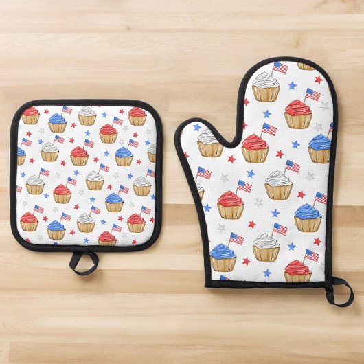 愛国的なアメリカ国旗のカップケーキ赤白青 鍋つかみ&鍋敷きセット