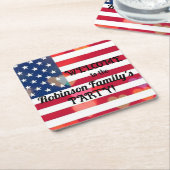 愛国的なアメリカ国旗のハートと書道文字 スクエアペーパーコースター (アングル)