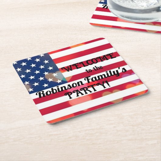 愛国的なアメリカ国旗のハートと書道文字 スクエアペーパーコースター (アングル)