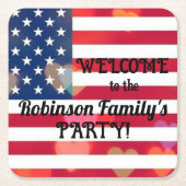 愛国的なアメリカ国旗のハートと書道文字 スクエアペーパーコースター (正面)