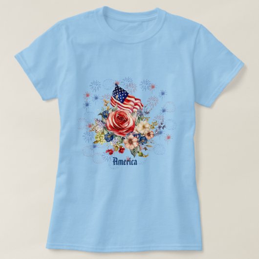 愛国的なアメリカ国旗のバラ女性のTシャツ Tシャツ (デザイン正面)