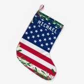 愛国的なアメリカ国旗のパーソナライズされたモノグラム名 スモールクリスマスストッキング (正面 (吊り時))