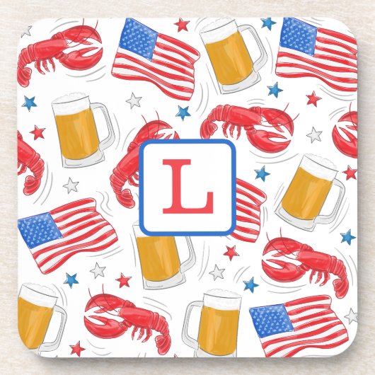 愛国的なアメリカ国旗のビールロブスターモノグラム コースター (正面)