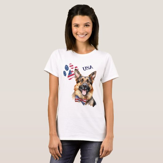 愛国的なアメリカ国旗のポー印刷ドイツの羊飼い犬 Tシャツ (正面フル)