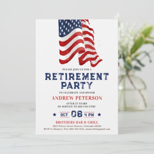 愛国的なアメリカ国旗の写真ポートレート引退パーティー 招待状 (スタンド正面)