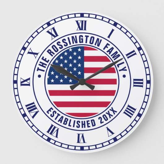 愛国的なアメリカ国旗の家族の名前日付Estd ラージ壁時計 (正面)