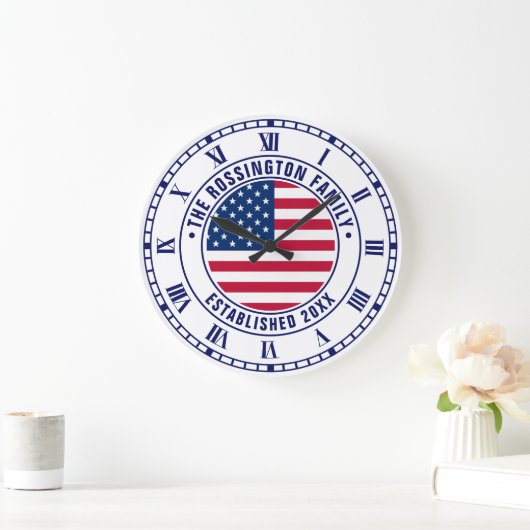 愛国的なアメリカ国旗の家族の名前日付Estd ラージ壁時計 (ホーム)