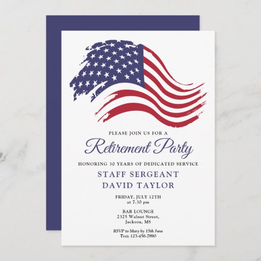愛国的なアメリカ国旗の引退パーティー 招待状 (正面/裏面)
