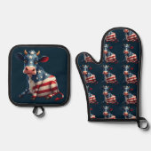 愛国的なアメリカ国旗の牛のイラストレーション 鍋つかみ&鍋敷きセット (正面)