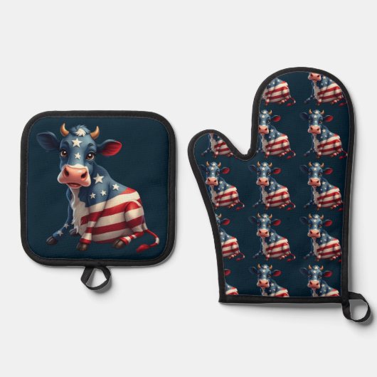 愛国的なアメリカ国旗の牛のイラストレーション 鍋つかみ&鍋敷きセット (正面)