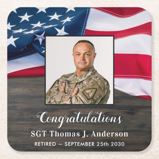 愛国的なアメリカ国旗の軍隊退職 スクエアペーパーコースター (正面)