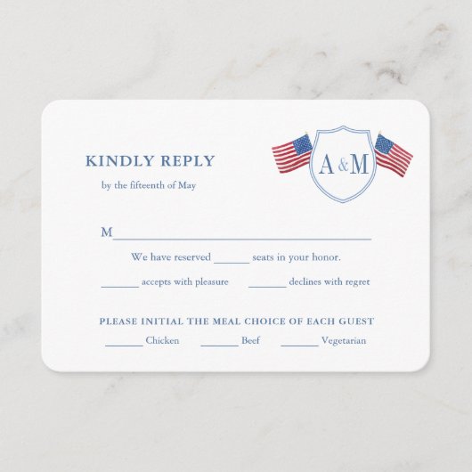 愛国的なアメリカ国旗の食事オプションウェディングRSVP エンクロージャーカード (正面)