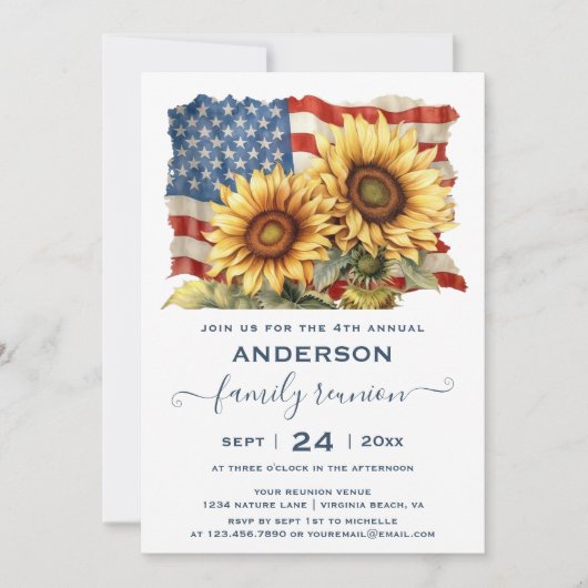 愛国的なアメリカ国旗ひまわりファミリー懇親会 招待状 (正面)