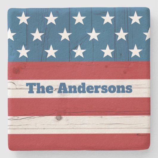愛国的なアメリカ素朴国旗の木材7月4日名 ストーンコースター (正面)