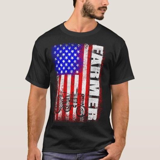 愛国的なアメリカ農家トラクター農家米国国旗 Tシャツ (正面)