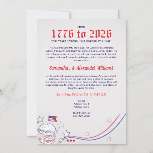 愛国的なアメリカ250の友人提供クックアウトパーティー 招待状 (正面)