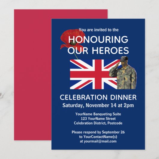 愛国的なイギリス国旗付き退役軍人ディナー 招待状 (正面/裏面)
