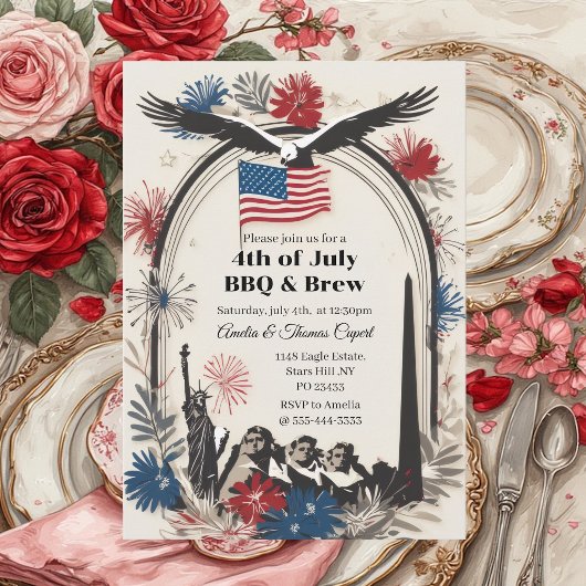 愛国的なイーグル花火 7月4日 BBQ & Brew  招待状