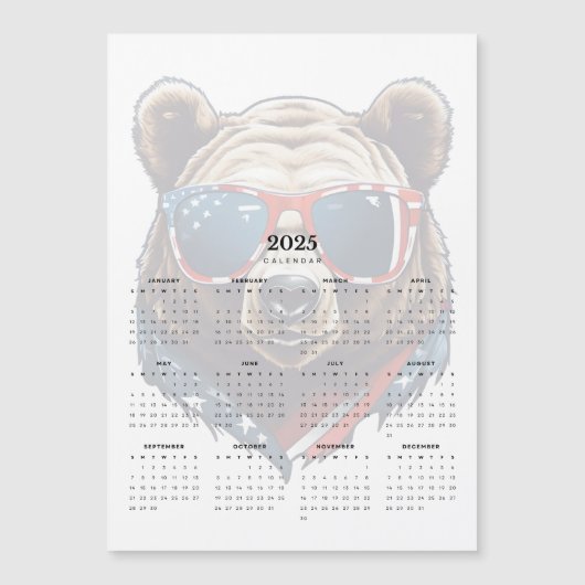 愛国的なクマ赤白青2025磁石カレンダー (正面)