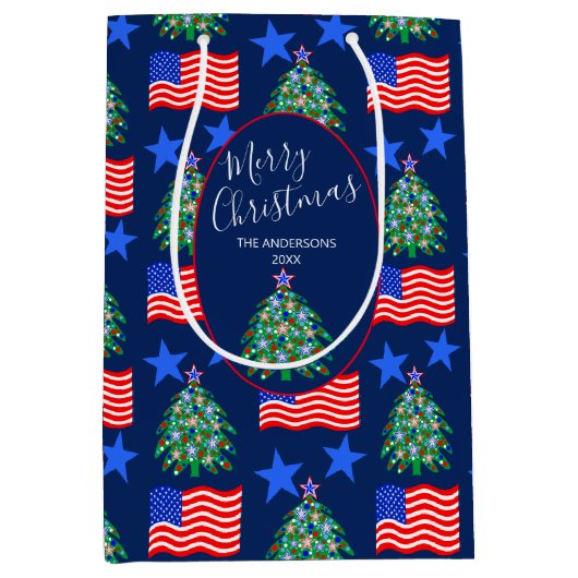 愛国的なクリスマスツリーのパタパーソナライズされたーン ミディアムペーパーバッグ (正面)