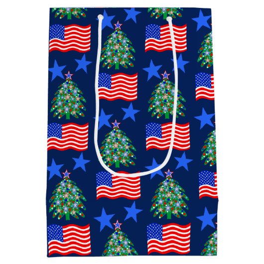 愛国的なクリスマスツリーのパタパーソナライズされたーン ミディアムペーパーバッグ (裏面)