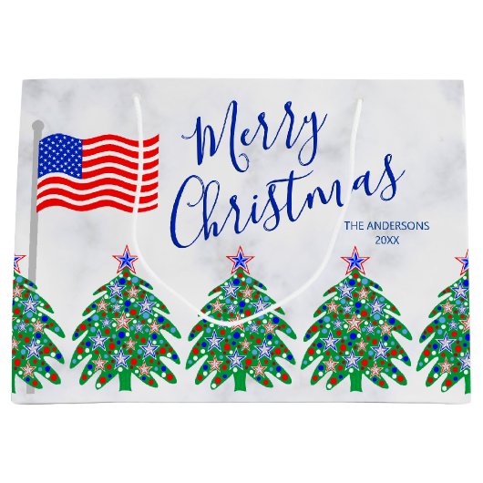 愛国的なクリスマスツリーの軍隊または軍人 ラージペーパーバッグ (正面)