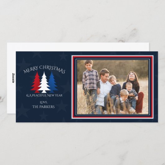 愛国的なクリスマスツリー海軍の青い写真 シーズンカード (正面/裏面)