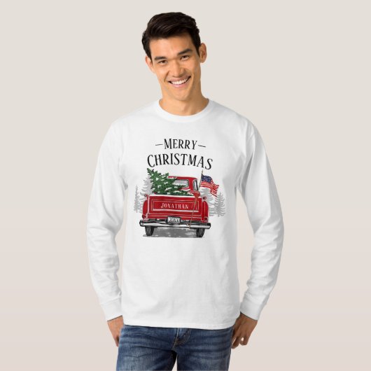 愛国的なクリスマスヴィンテージレッドトラック米国国旗 Tシャツ (正面フル)