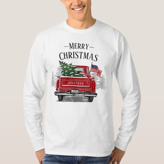 愛国的なクリスマスヴィンテージレッドトラック米国国旗 Tシャツ (正面)