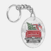 愛国的なクリスマスヴィンテージレッドトラック素朴国旗 キーホルダー (正面左)
