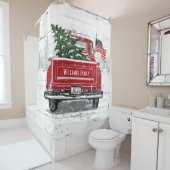 愛国的なクリスマスヴィンテージレッドトラック素朴国旗 シャワーカーテン (インサイチュ)