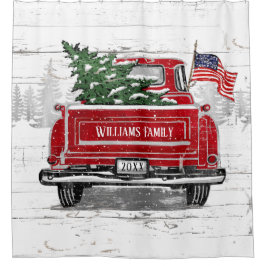 愛国的なクリスマスヴィンテージレッドトラック素朴国旗 シャワーカーテン