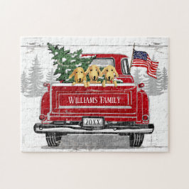 愛国的なクリスマスヴィンテージレッドトラック素朴犬 ジグソーパズル