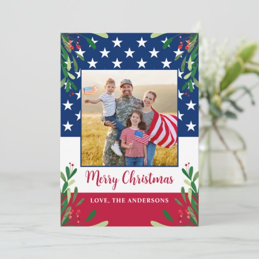 愛国的なクリスマス軍隊写真アメリカ国旗 シーズンカード (スタンド正面)
