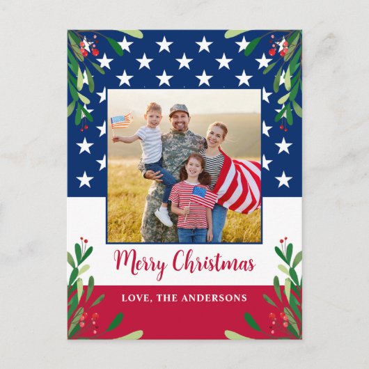 愛国的なクリスマス軍隊写真アメリカ国旗 シーズンポストカード (正面)