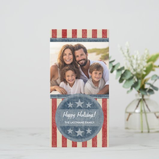 愛国的なクリスマス1枚の写真 アメリカ国旗 シーズンカード (スタンド正面)