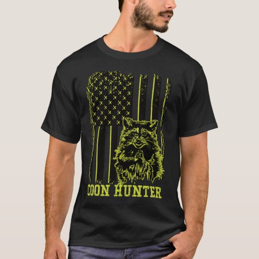 愛国的なクーンハンターアライグマ米国国旗 Tシャツ (正面)
