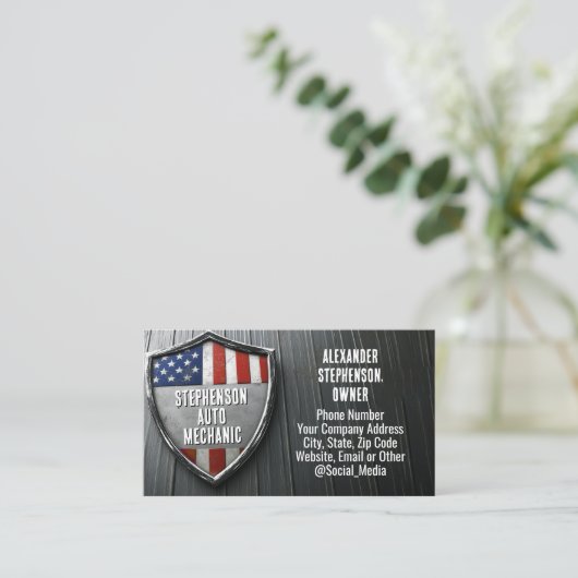 愛国的なシールドアメリカ国旗の車の自動整備士 名刺 (スタンド正面)