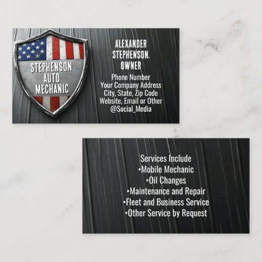 愛国的なシールドアメリカ国旗の車の自動整備士 名刺 (正面/裏面)