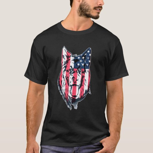 愛国的なジャーマンシェパードアメリカ国旗犬 Tシャツ (正面)