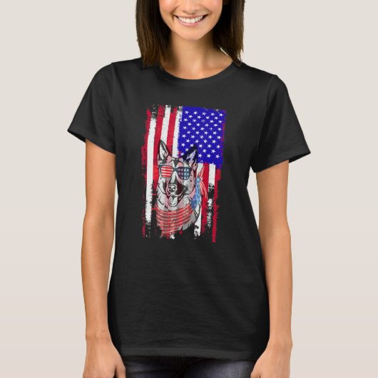 愛国的なジャーマンシェパード アメリカ国旗 メンズW Tシャツ (正面)