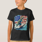 愛国的なジュリのための赤白青の恐竜サーフィン Tシャツ (正面)